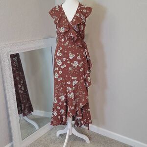 Max Edition Brown Floral Ruffle Wrap Midi Dress Size S